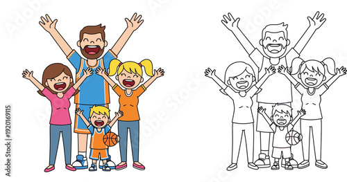 Happy family cheering basketball game coloring page vector illustration