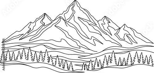 Black and white mountain landscape vector illustration featuring jagged peaks, rolling hills, conifer forest, decorative design, isolated background, perfect for stock content
