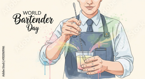 Bartender mixing cocktail on world bartender day with colorful splash