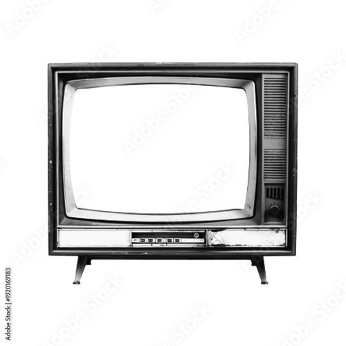 Black and white halftone retro television illustration isolated on white background. Vintage TV set with blank screen in engraved style, classic media and broadcast symbol.