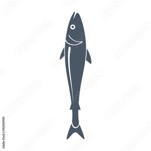 A single dark blue fish is depicted on a white background.