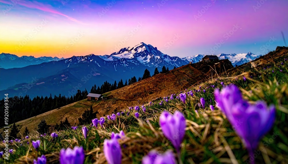 Obraz premium Alba Spettacolare su Prato di Fiori Alpini e Montagne in Primavera