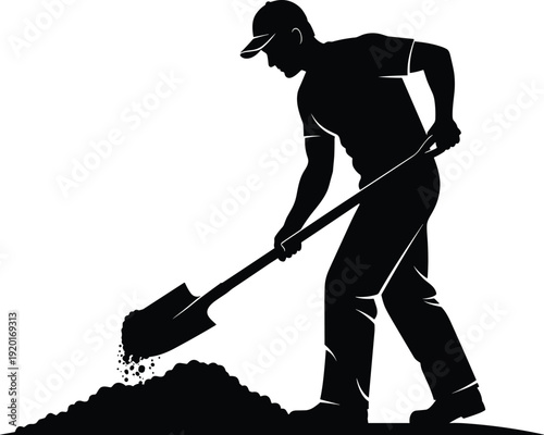 Black silhouette of a manual laborer using a shovel to move a pile of dirt isolated on white background for construction work concepts