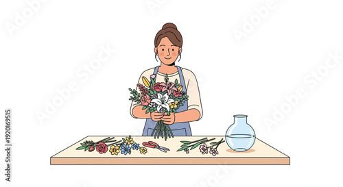 Florist Arranging Bouquet at Flower Shop Illustration