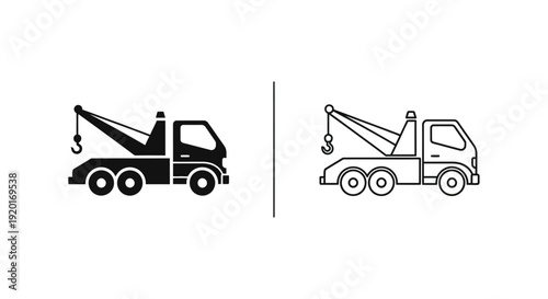 Two tow trucks illustration, black and white line art, vintage and modern design Vector