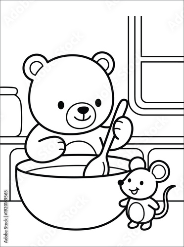Cute Bear and Mouse Cooking Coloring Page