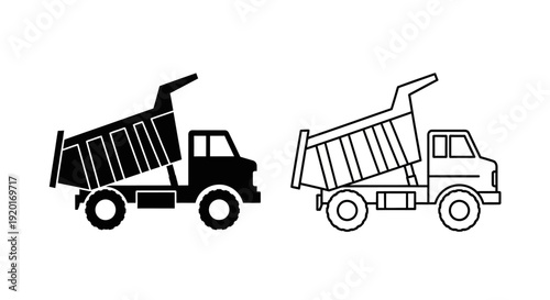 Two dump trucks illustration, vector art, clip art, black and white, minimalist design Vector