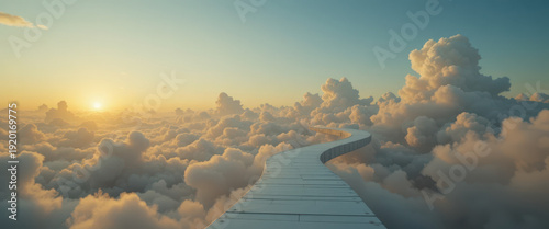 Ethereal journey above the clouds dreamy sky digital artwork serene environment wide angle concept of freedom