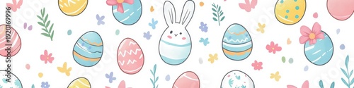 Charming Easter 2D vector pattern featuring playful bunnies and colorful eggs for joyful holiday celebrations