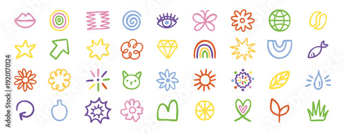 Wallpaper Mural Cute planner doodle icons set sun cat grass leaf rainbow and more. Hand drawn. Torontodigital.ca