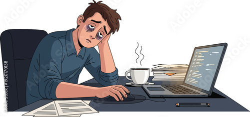 Exhausted Man Working Late on Laptop Illustration