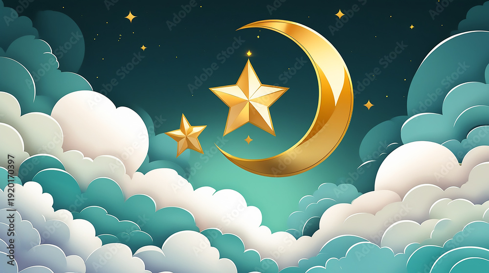 Obraz premium Eid Al-Adha Mubarak Celebration Banner with Islamic Moon and Goat Shadow