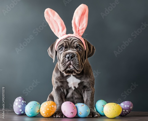 Mastiff puppy dog dressed as an easter bunny with colorful eggs brings joy to the holiday celebration