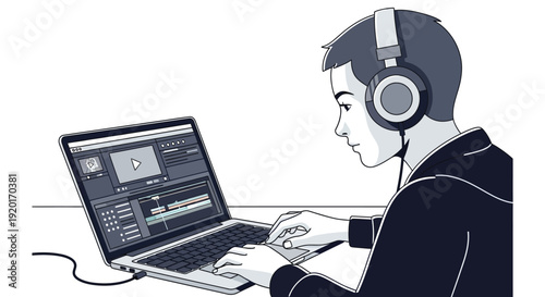Man Editing Audio on Laptop with Headphones Illustration