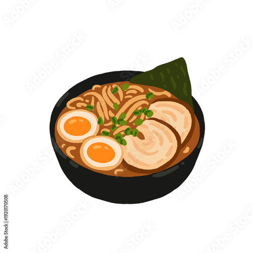 Tonkotsu Ramen. Japanese Food, Ramen Noodles in a Bowl with marinated egg and grilled pork belly, spring onion. Japanese Street Food, flat hand drawn cartoon illustration of asian cuisine.