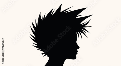 Black silhouette of a person's head in profile with spiky, punk-style hair against a light background.