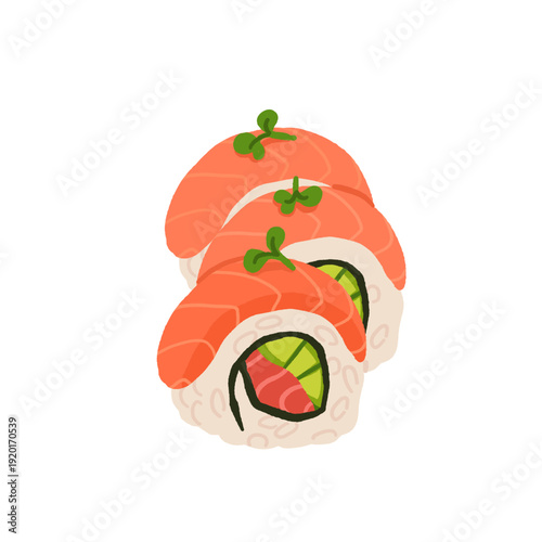 Japanese sushi maki. Sushi roll with salmon. Asian cuisine flat hand drawn illustration.
