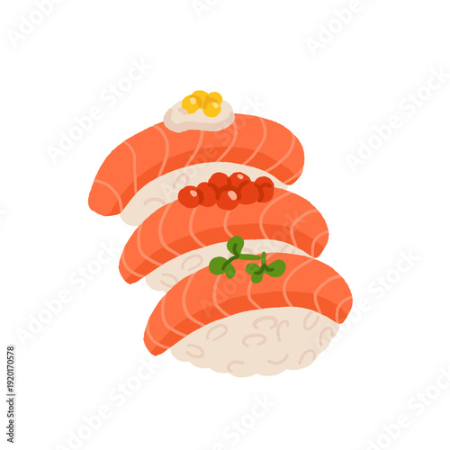 Japanese sushi nigiri. Sushi with salmon. Asian cuisine flat hand drawn illustration.