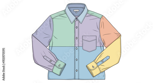 A long-sleeved collared shirt with a patchwork design featuring pastel colors on each panel.