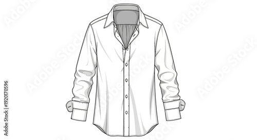 A detailed line drawing of a white long-sleeved collared shirt with rolled-up cuffs.