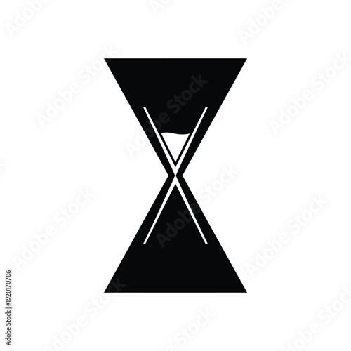 A black hourglass with white lines is depicted against a white background.