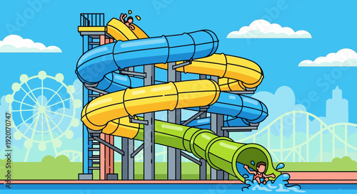 A vibrant cartoon illustration of a large water slide complex with multiple colorful tubes and people enjoying the ride.