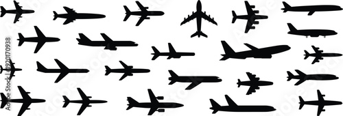 Collection of airplane silhouettes featuring diverse aircraft models in grid pattern, showcasing aviation design, aeronautics, military, commercial, and engineering illustration concepts