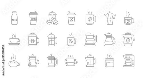 Minimalist vector line art icon collection featuring diverse coffee, tea, and morning beverage elements for digital design.