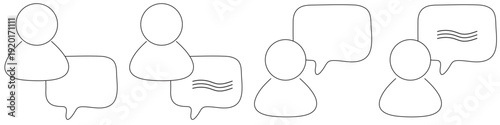 Four simple line art icons of people with speech bubbles for communication and chat concepts