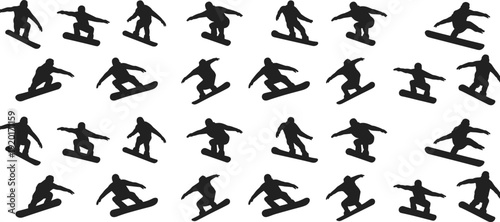 Collection of snowboarder silhouettes in dynamic action poses arranged in grid pattern, showcasing winter sports motion, extreme activity, fitness, and lifestyle illustration concepts