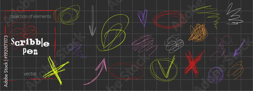 Messy Pen Scratch neon scribble elements collection on dark grid background