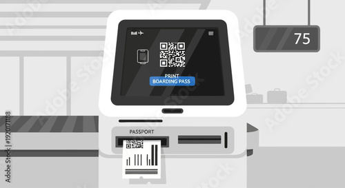 Self-service kiosk with barcode scanner and digital display showing QR code and verification process at a modern retail checkout counter.