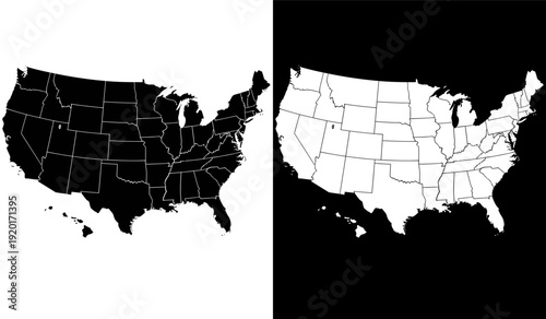 Contrast of united states map with and without state boundaries highlighted in white. Vector