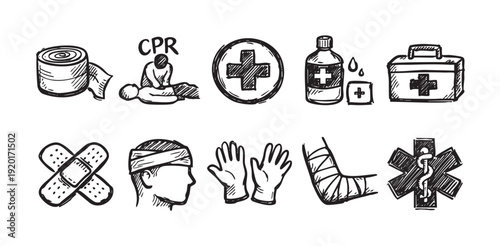Hand-drawn style vector illustration of first aid medical kit icons. Depicts medical supplies and treatment scenarios. Use for healthcare, infographics or emergency preparedness.