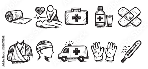 Hand drawn doodle of medical first aid elements. Includes CPR, ambulance, bandage, and more. Vector illustration for health care.