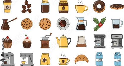 Coffee Shop Elements Vector Set with Pastries Beans Brewing Equipment and Cafe Drinks for Bakery Menu and Barista Branding Designs