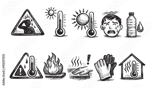 Hand drawn icons depicting heatwave hazards. Use for weather reports, health warnings, climate change discussions, safety guides, or educational materials about extreme heat.