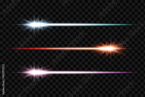 Speed motion effect with sparkling star bursts. Horizontal neon energy lines with bright explosion flashes at ends. Futuristic rays of light isolated on black.