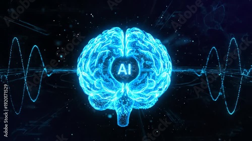 Glowing Blue Brain with AI Text on Dark Background with Connection Lines