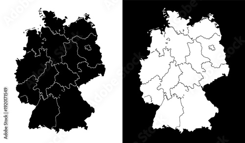 Contrastive map of germany showing border and internal state divisions in black and white. Vector
