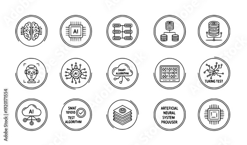 Artificial Intelligence Badge Line Icon Set with Neural Network Machine Learning and Data Technology Symbols