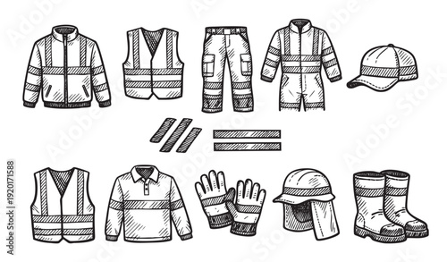 Hand-drawn illustration of safety clothing and accessories. Includes vests, jackets, pants, hats, gloves, and boots. Perfect for construction, road work, or safety-related content.