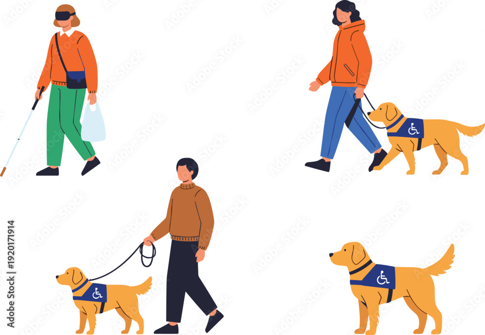 Ταπετσαρία Guide Dog Assistance Vector Illustration Set Showing Visually Impaired Person an