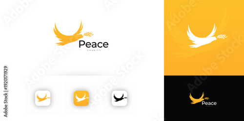 Peace dove charity logo, flying bird with olive branch, minimal modern emblem for nonprofit branding, church and NGO humanitarian projects. Peace symbols concept. Vector illustration