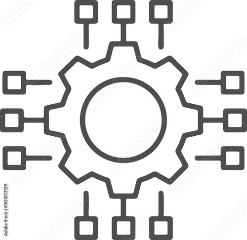 Technology Integration Icon – Gear with Connected Nodes – System Automation, Digital Network, Process Control, Engineering Vector