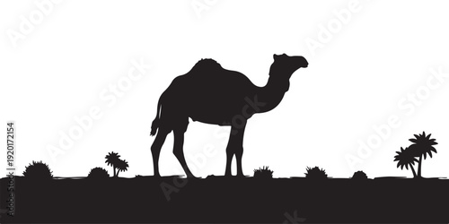 Camel Silhouette in Desert at Sunset – Arabian Landscape Vector Illustration.