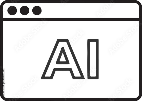 Minimalist Black and White Web Browser Window Icon with AI Letters – Artificial Intelligence Interface Vector Illustration