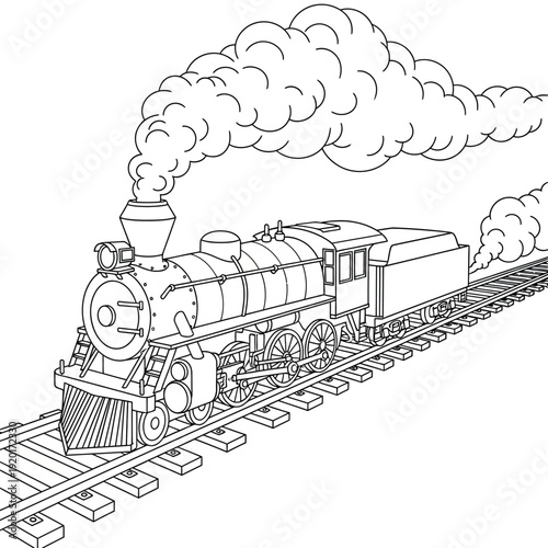 A classic steam locomotive travels down a railway track, emitting a large plume of smoke.