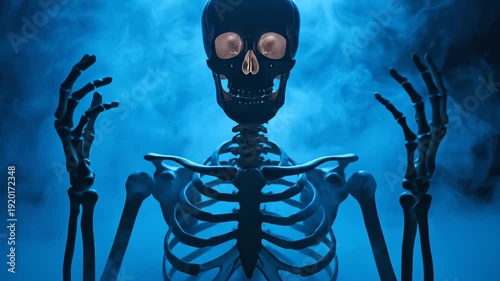 Eerie Human Skeleton Figure with Brown Eyes in Blue Smoke Against a Dark Background for Halloween