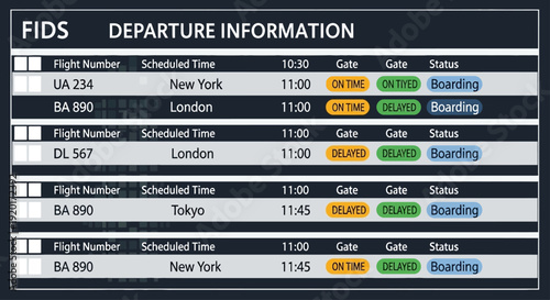 Flight departure information displayed on digital screen showing various flight numbers and statuses